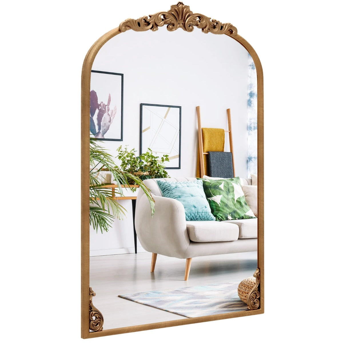Väggspegel – Guldfärgad traditionell vintagebarockspegel med metallram Antik bågspegel – 90 cm x 61 cm – Guld