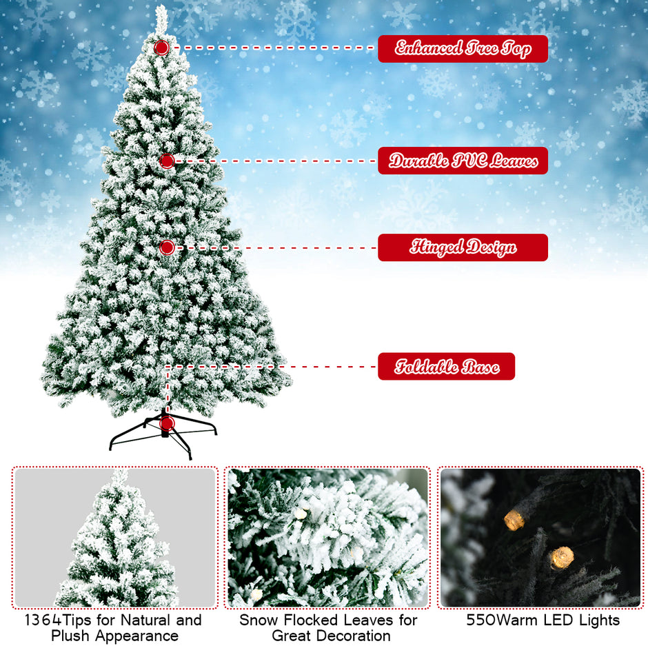 Upplyst – snötäckt julgran med fällbart metallställ + – 225 cm – Grön och vit