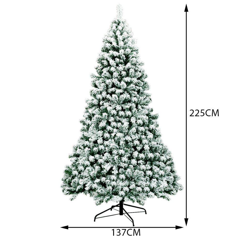 Upplyst – snötäckt julgran med fällbart metallställ + – 225 cm – Grön och vit