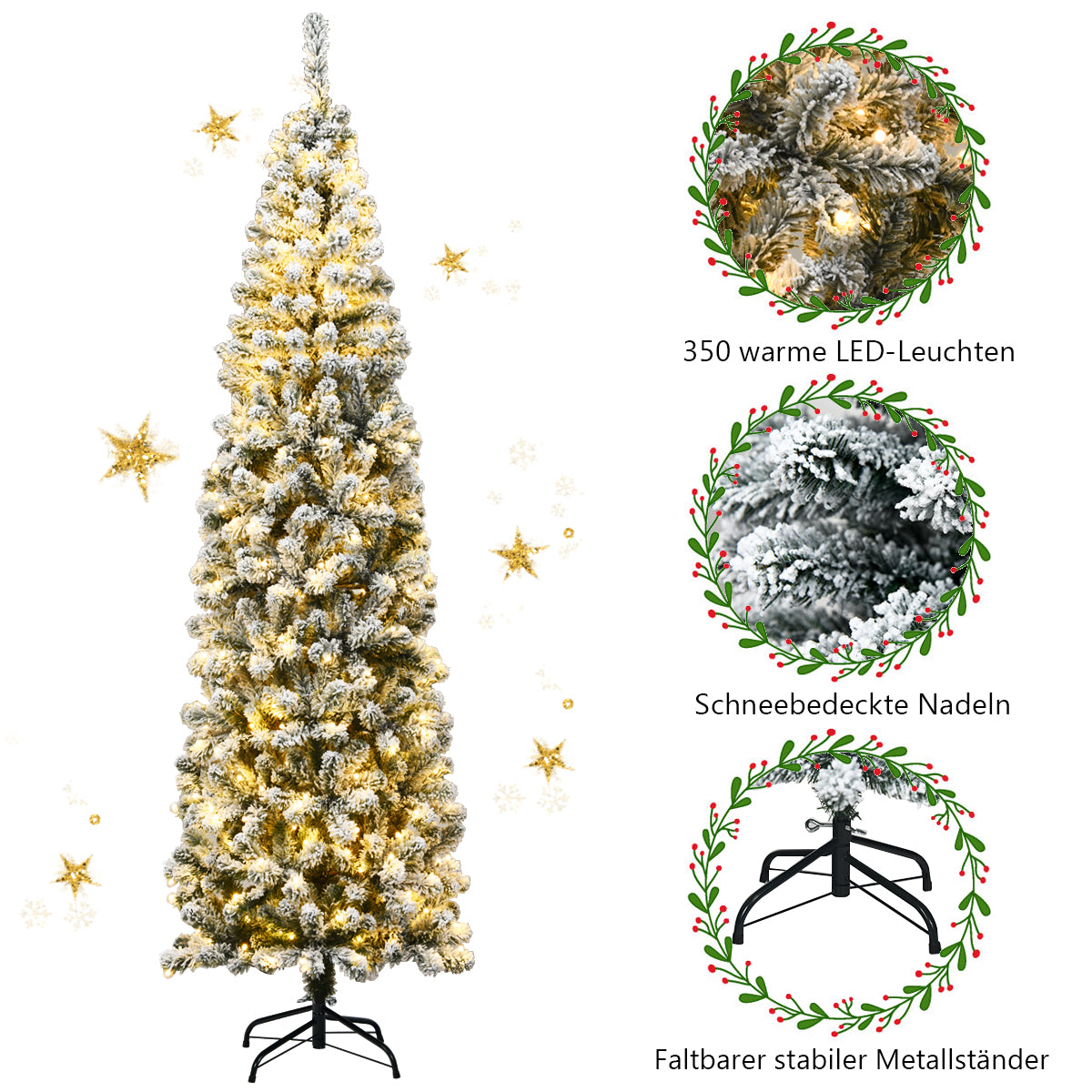 Julgran – med snö och varma vita LED lampor – 225 cm 350 – Grå och vit