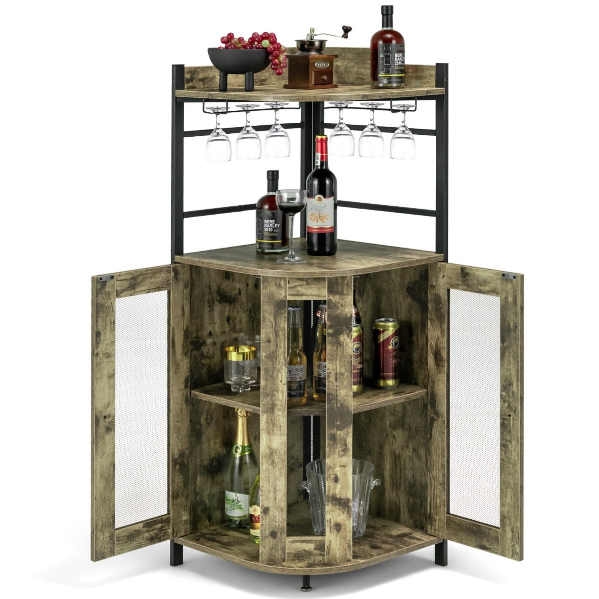Vinskåp – Industriell barskåp med glashållare Köksskåp Hörn – 48 x 48 x 130 cm – Rustik brun