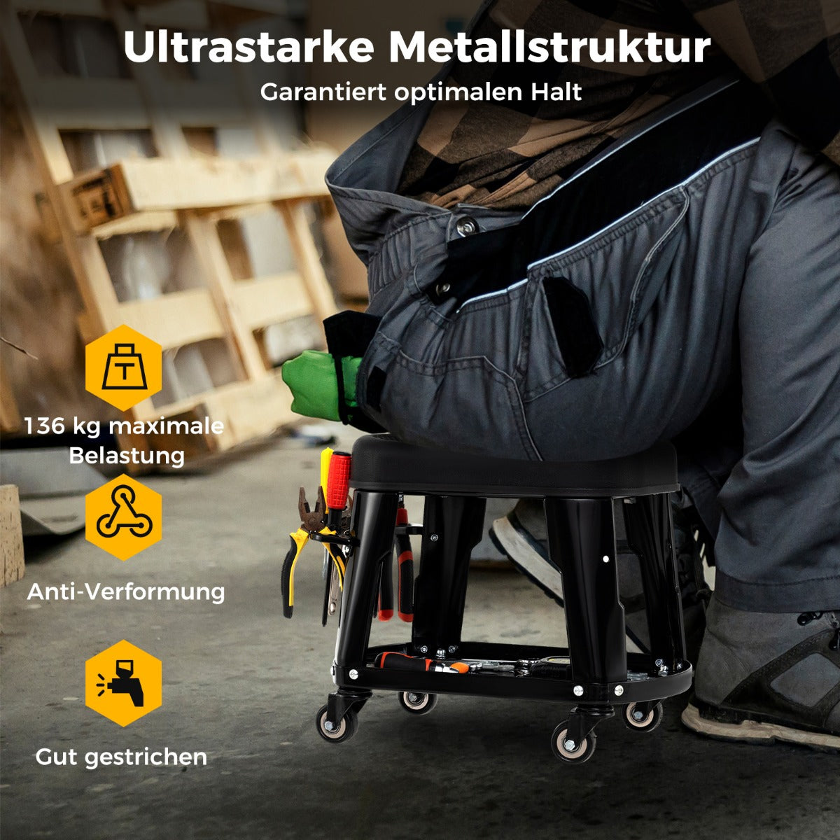 Verkstadspall – Verkstadsstol med verktygsbricka och verktygshållare – Svart