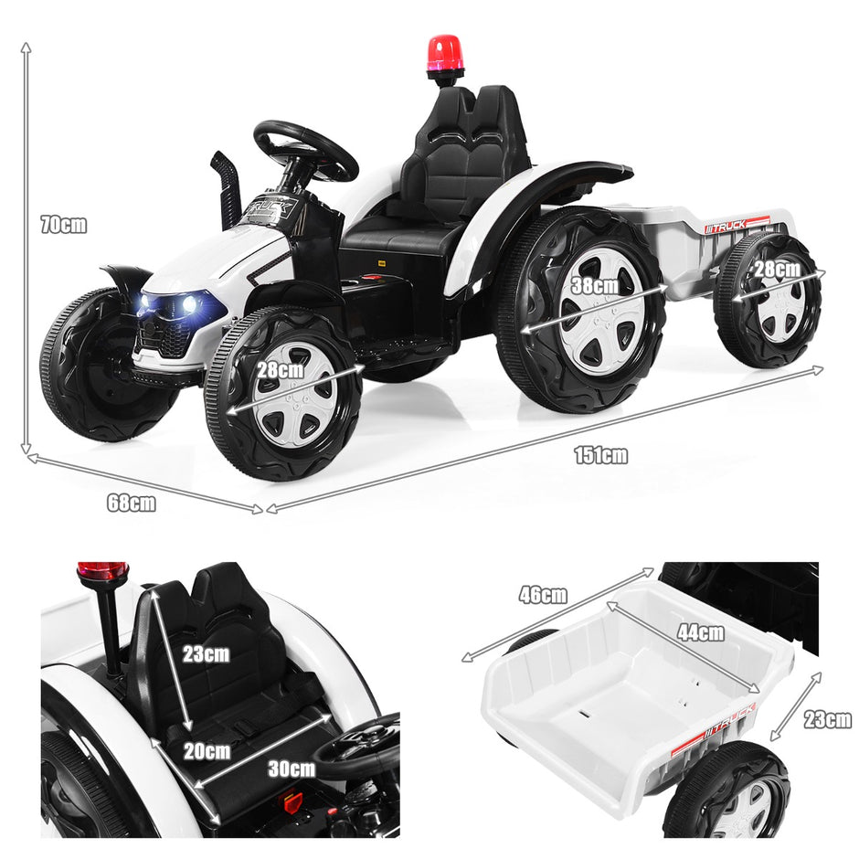 Leksakstraktor – med släp för barn 12V åktraktor – 151 x 68 x 70 cm – Vit