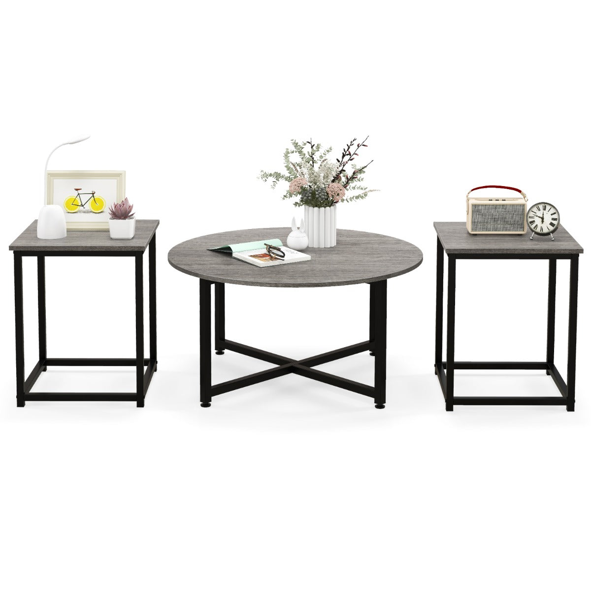 Set – med soffbord robust metallram, runt och fyrkantiga sidobord – 3 2 – Grå