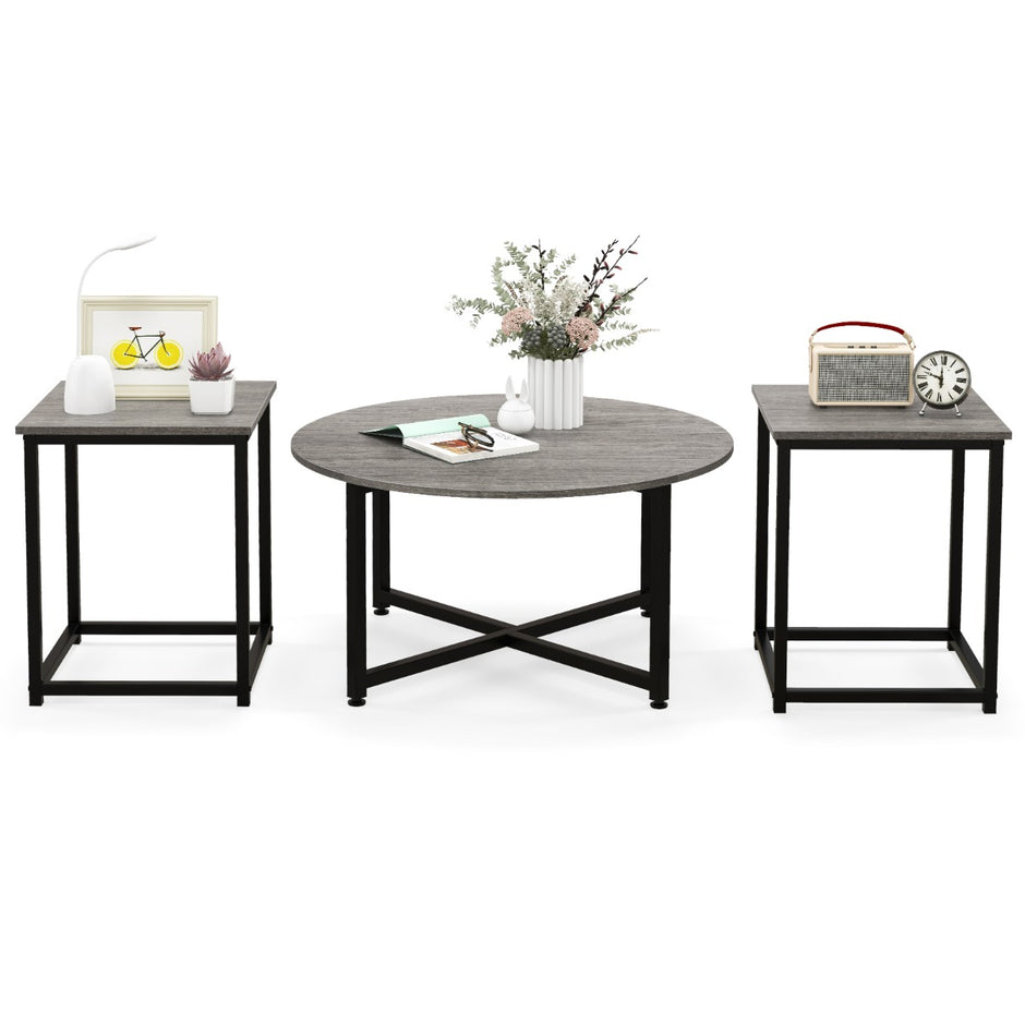 Set – med soffbord robust metallram, runt och fyrkantiga sidobord – 3 2 – Grå