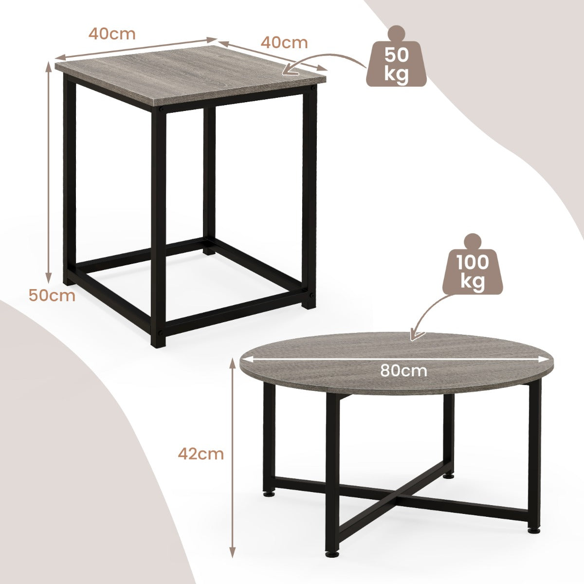 Set – med soffbord robust metallram, runt och fyrkantiga sidobord – 3 2 – Grå