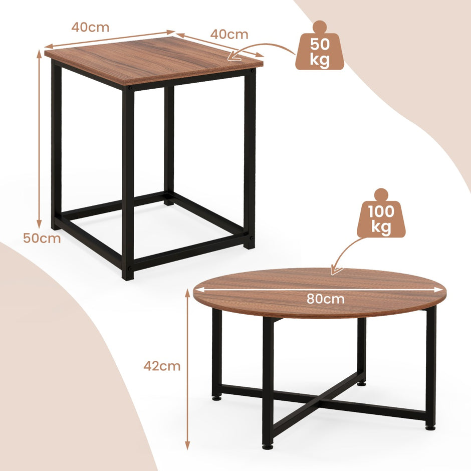 Set – med soffbord robust metallram, runt och fyrkantiga sidobord – 3 2 – Brun