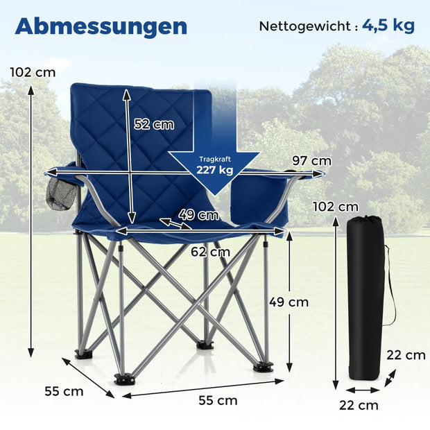 XXL hopfällbar – campingstol med kylväska och dryckeshållare belastbar vadderad fiskestol Navy – 227 kg – Blå