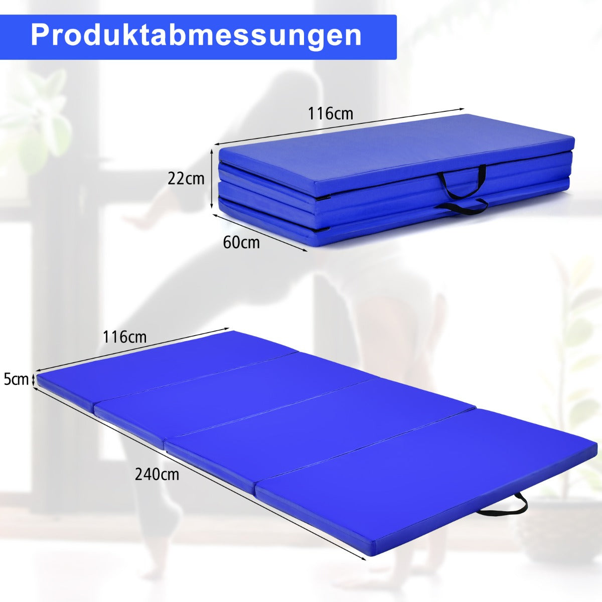 Vikbar – gymnastikmatta med kardborrefäste och bärhandtag – 2 240 x 120 x 5 cm – Blå