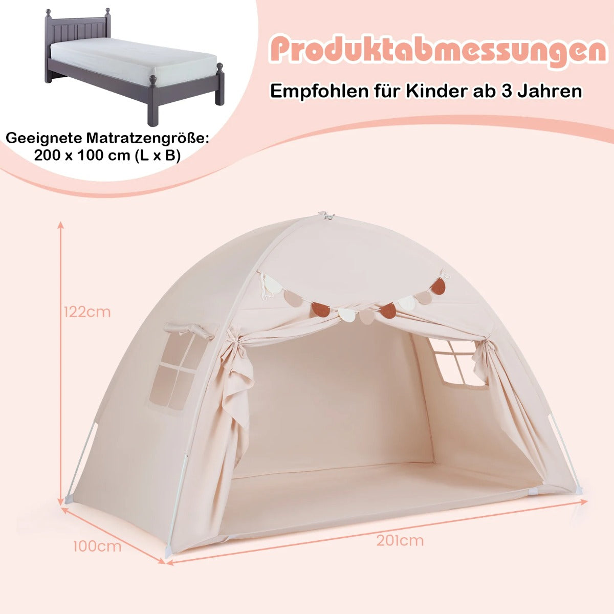 Tvåbädds – tält för barn, hopfällbart och bärbart våningssäng med fönster – 2 – Beige